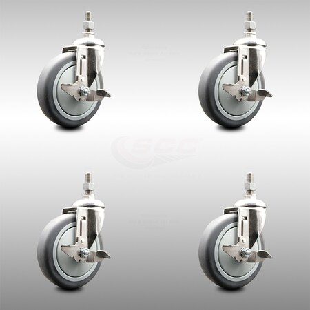 Service Caster 5 Inch 316SS Thermoplastic Rubber Swivel 12mm Threaded Stem Caster Set Brake SCC-SS316TS20S514-TPRB-TLB-M1215-4